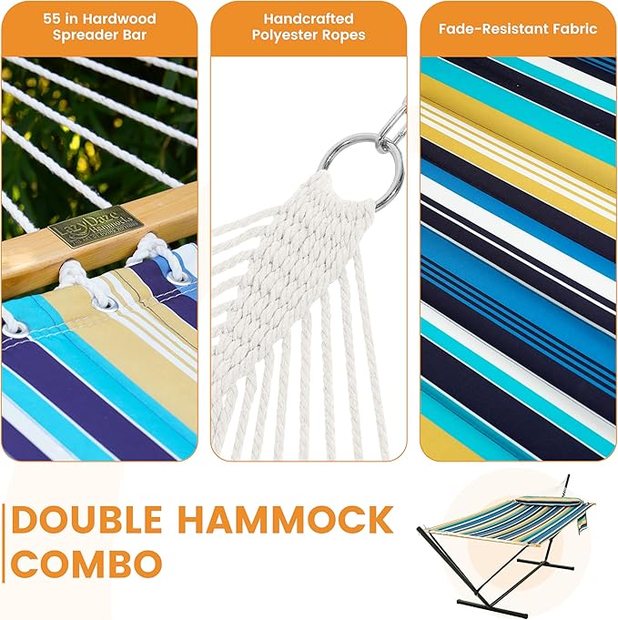Lazy Daze Hammocks 2 Person Portable Hammock with 12FT Stand for Outside Quilted Double Hammock with Spreader Bar and Detachable Pillow 450lbs Capacity Perfect for Outdoor Patio Beach Stripes