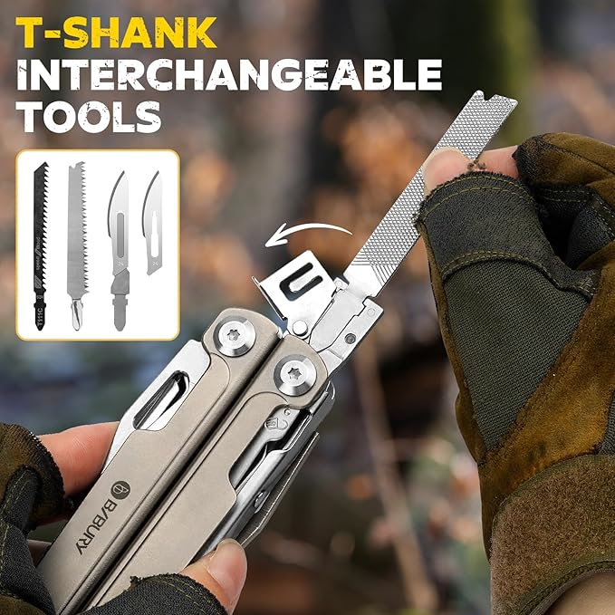 BIBURY Titanium Alloy Multitool with Damascus Knife EDC Multi tools with Replaceable Wire Cutters Scissors Screwdriver Bits Titanium Handle Multi-Tool for Camping Survival Repair - BI2049TI