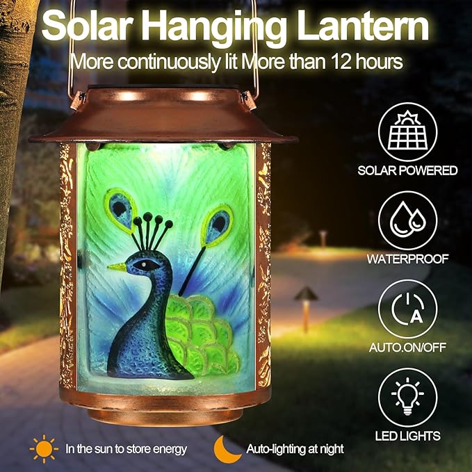 Peacock Solar Lanterns Outdoor WaterproofBirthday Gifts for Women Mom Grandma Garden DecorHanging Solar Lights Wall Mount Decorations for YardFront PorchPatioLawn Pathway Landscape