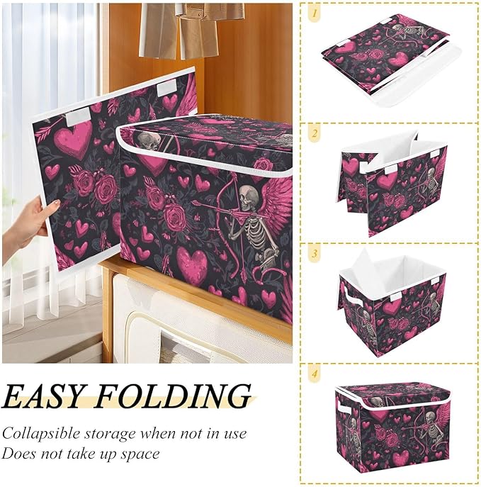 Valentine Skeleton Hearts Black Storage Box with Lid 1 PC Foldable Storage Bin with Lids Stackable Storage Bins Cube Closet Organizer Basket with Flip-Top Lid &amp Handles for Shoes Books Towels