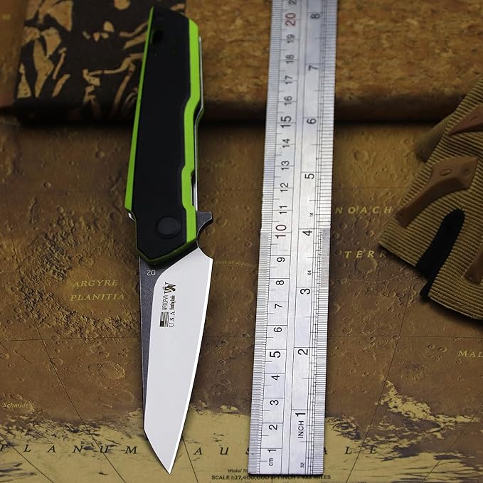 WPKOPYA 7.8in Folding Pocket Knife with D2 Steel Blade G10 Handle Ball Bearing Pivot Stonewashed Finish – Outdoor EDC Utility Tool for Camping Hiking Survival Use(G10 - Black/Green)