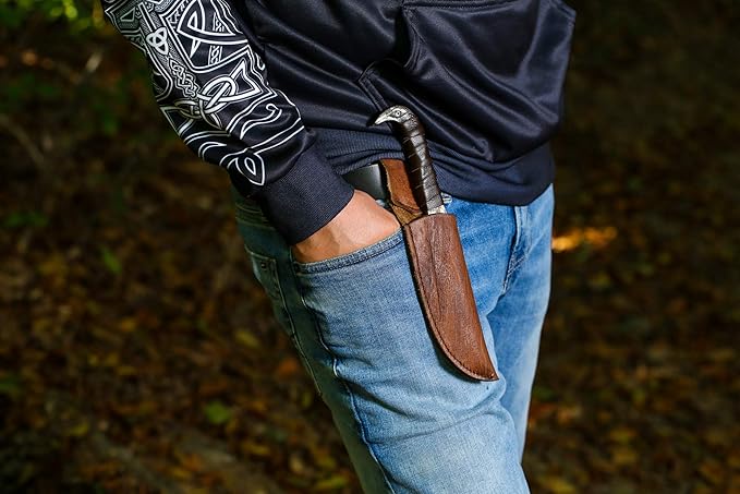 Odin's Raven Norse Viking-styled Knife 10.3 - Hand Forged 6.5 Carbon Steel Blade Raven's Head Hilt and Leather Sheath - Unique Medieval Seax Style - Norse Knife for Hunting &amp Camping
