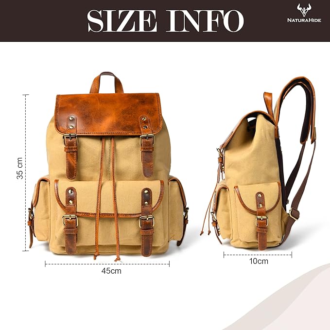 Leather Canvas Backpack Durable Vintage Large Travel Laptop Bag for Men &amp Women Work Hiking School (Tan)