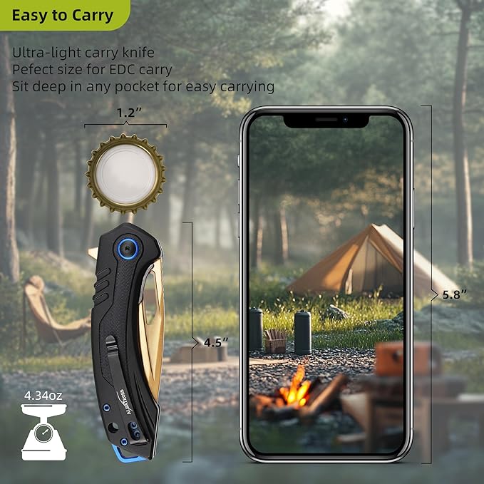 Unique Valentine‘s Gift Gold Blade Pocket Knife 3.3” Gold D2 Steel Black Aluminum &amp G10 Handle Fast-Open Thumb Hole Gift Case