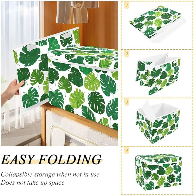 Dark Green Tropical Leaf Collapsible Storage Bins with Lids Decorative Fabric Cubes Closet Organizer Basket Boxes Containers for Clothes Box Chest Folding Rectangle