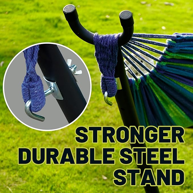 Hammock with Heavy-Duty Steel Stand for OutsideHammocks 450 Lb CapacityPortable Hammock2 People Standing HammocksSuitable for BeachBackyard Gardens Patio Bedroom100 * 40 * 38 Inch (Blue)