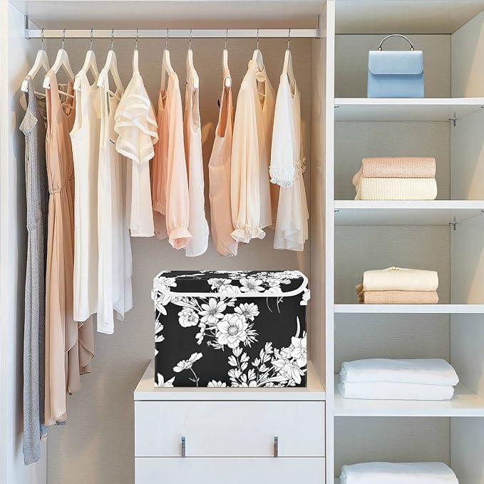 CaTaKu Large Fabric Storage Bins With LidsBlack and White Flower Storage Boxes With Handles for Organizing Clothes Collapsible Storage Cube Bins Baskets for Shelves