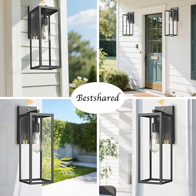 Bestshared Dusk to Dawn Sensor Outdoor Wall Lantern 18 Inch Tall Large Exterior Wall Lights Anti-Rust Modern Black Outside Lamp for House Front Porch Doorway Patio (Black 18 H)