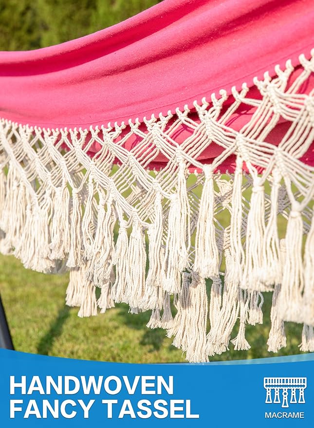 PNAEUT Handmade Tassel Hammocks Double Hammock with Stand for Outside Max 450 lbs Capacity Pillow &amp Storage Bag Included (Pink)