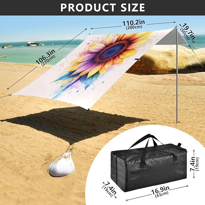 ALAZA Rainbow Sunflower Beach Tent Sun Shelter UPF50+ Protection Beach Shade Canopy w/ 4 Sandbags for Outdoor Camping Fishing Backyard Fun Picnic 10x9 ft