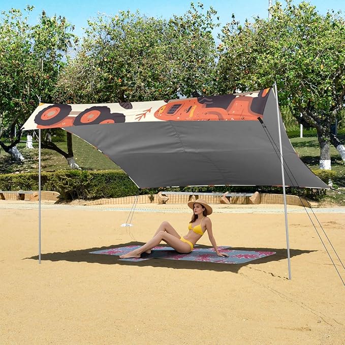 Hand Drawn Truck Car Pattern Cute Foldable Beach Tent UPF50+ Protection Water-Resistant Shade Sun Shelter with Carrying Bag for Camping Picnics Backyard