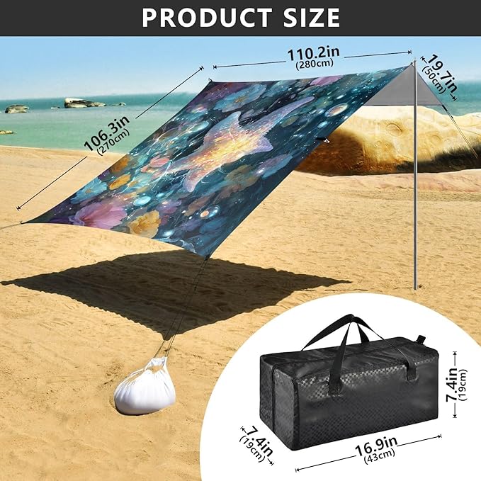 ALAZA Rainbow Starfish Flowers Beach Tent Sun Shelter UPF50+ Protection Beach Shade Canopy w/ 4 Sandbags for Outdoor Camping Fishing Backyard Fun Picnic 10x9 ft