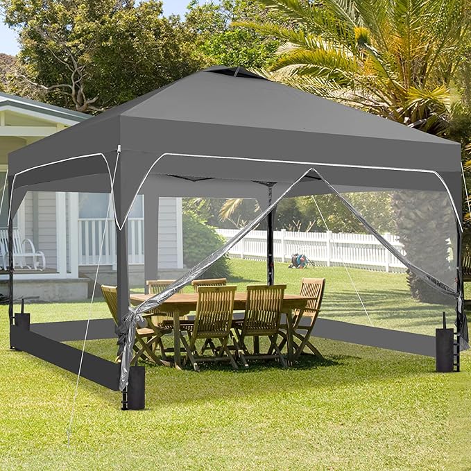 GDY 8x8FT Outdoor Pop Up Canopy Tent with One Push Setup Easy Setup Gazebo with 4 PVC Transparent Sidewalls for Events Parties Camping Gray