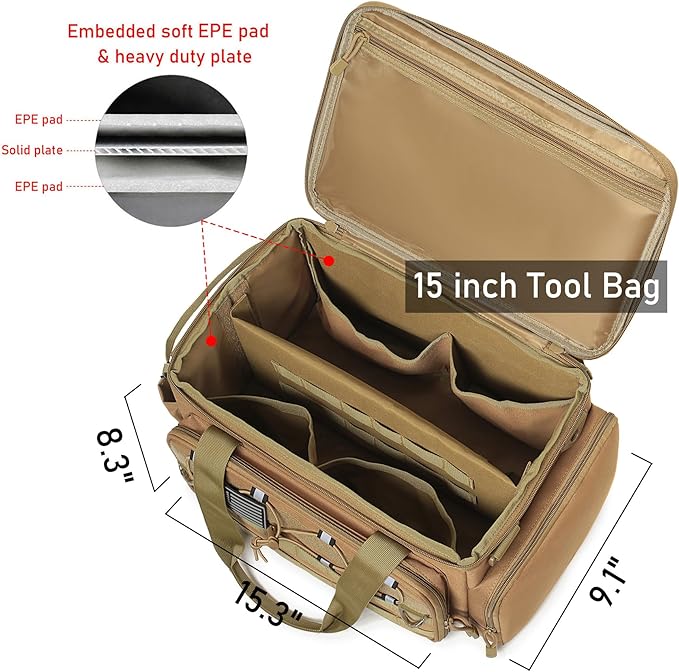 15-Inch Tool Bag Multi-purpose Tool Organizer Bag For Men with Shoulder Strap Tactical Range Bag Work Tote for Repairman Carpenters Handymen (Khaki)
