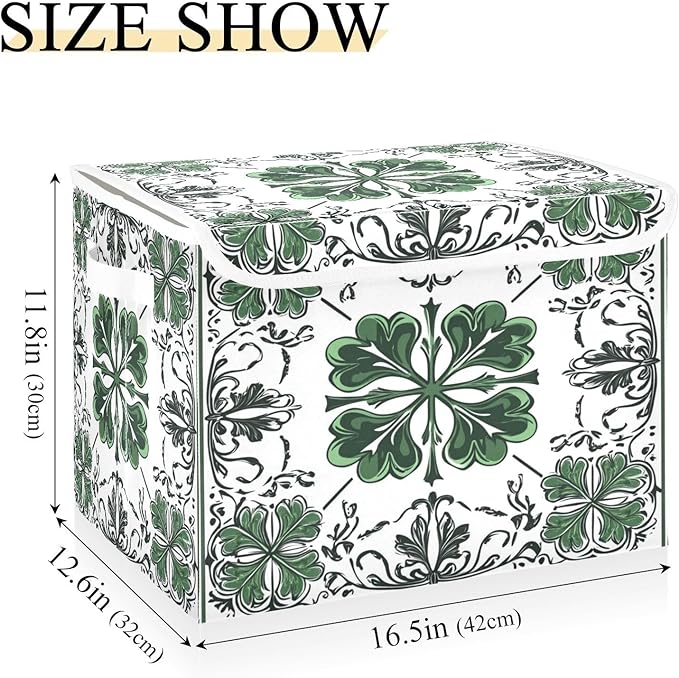 Lucky Leaf Tile Pattern Fabric Storage Bins with Lids and HandleFoldable Storage Bins with LidsCloset Organizers for Clothes Storage Room Organization Office Storage Chest Organizer