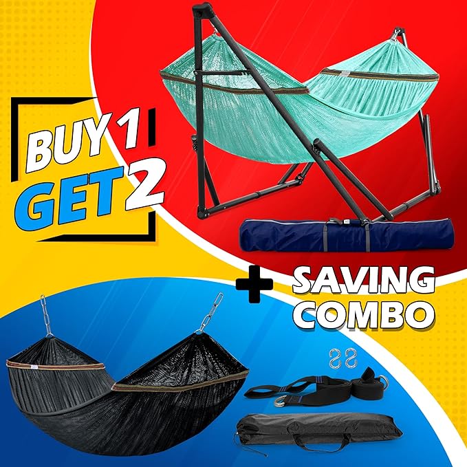 Tranquillo Combo x2 Hammocks with Stand for Outside &amp Tree Straps Heavy Duty Hammock with Stand 600lbs for Indoor Outdoor Patio Backyard x2 Hammocks for 2 Person (Combo - Sky Medium)