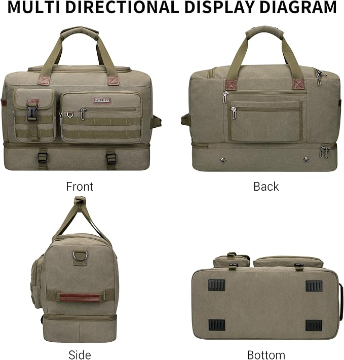 WITZMAN Duffle Bag for Men 50L Canvas Weekender Overnight Bag with Toiletry Bag Sets Travel Duffel Bag Shoes Compartment(A8010/2 Army Green)