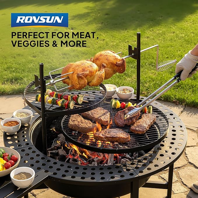 ROVSUN Upgrated 33'' Outdoor Fire Pit with 2 Grills Grill with Side Shelves Wood Burning Round Firepit with Swivel Cooking Grate Removable Swivel Grill for Backyard Patio Picnic BBQ and Parties