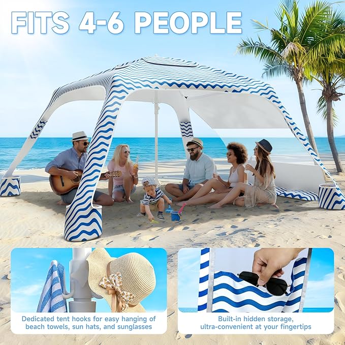 Beach Cabana 6.5'×6.5' Beach Canopy with UPF50+ Protection Beach Tent Sun Shelter Sun Umbrella with Removable Side Wall Portable Shade Sun Shelter for Beach Garden Camping (Wave Pattern)
