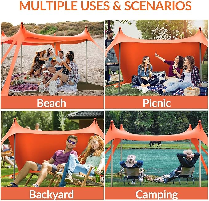 Gardentime Beach Tent Canopy with 8 Sandbags 4 Aluminum Poles Pop Up Portable Camping Sun Shelter Easy Set Up with 2 Sand Shovel Ground Pegs Carrying Bag for Outdoor BeachPicnic Fishing