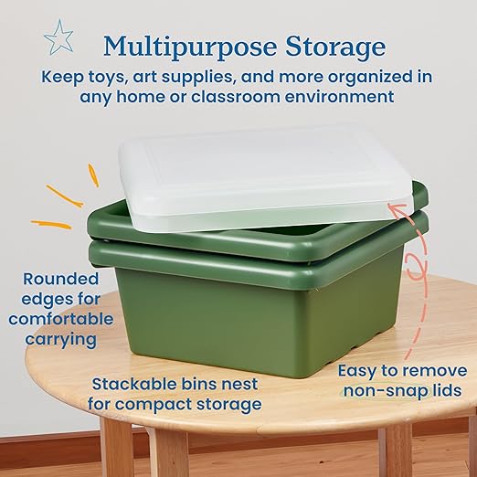 ECR4Kids Square Bin with Lid Storage Containers Hunter Green 2-Pack