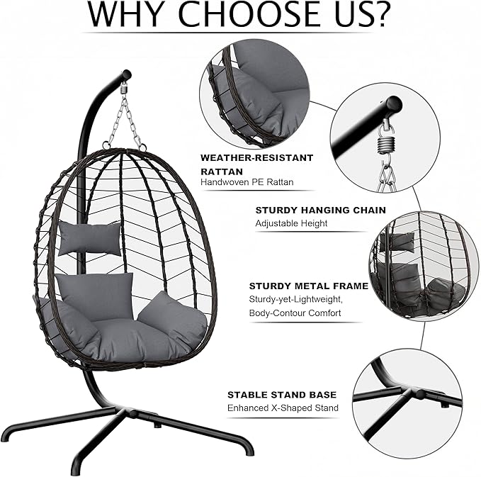 LEX CRAFT Hanging Egg Chair with Stand Swinging Egg Chair Outdoor Indoor Hanging Basket Chair with Cushion Patio Wicker Hammock Chair 350lbs Capacity for Porch Balcony Backyard Garden (Grey1)