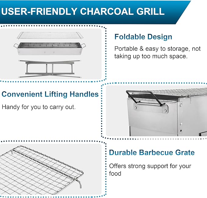 IRONWALLS Portable Charcoal Grills 32 x 8 Stainless Steel Folded Camping Grill Kebab Skewer Barbecue Grill Kit for Garden Backyard Party Picnic Travel Home Outdoor Cooking Use
