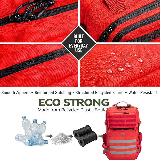 riderbag Xtreme 30L Tactical Carry-On Backpack for Airplanes Work Gym and Team Sports with 16 Inch Laptop Sleeve Stick Holder Recycled rPET Fabric Rain Cover (red)