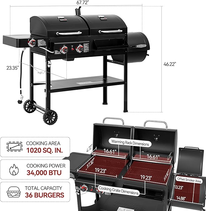 2-Burner Gas and Charcoal Grill Combo with Offset Smoker &amp Side Burner 34000 BTU Dual Fuel Grill 1020 Sq. In. Cooking Area Ideal for Outdoor Cooking Black ZH3005Y-SC
