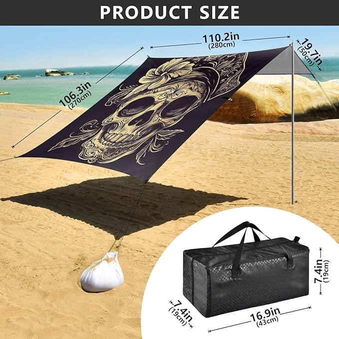 ALAZA Pirate Skull and Floral Beach Tent Sun Shelter Portable Canopy Sunshade for Outdoor Camping Picnics Backyard Fun 10x9 ft