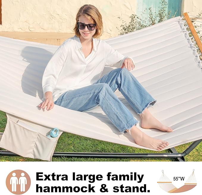 GAFETE 2 Person Hammock with Stand for Outside Heavy Duty Steel Stand Double 55inch Hammocks Large Removable Pillow Storage Bags Max 475 lbs Capacity (Beige)