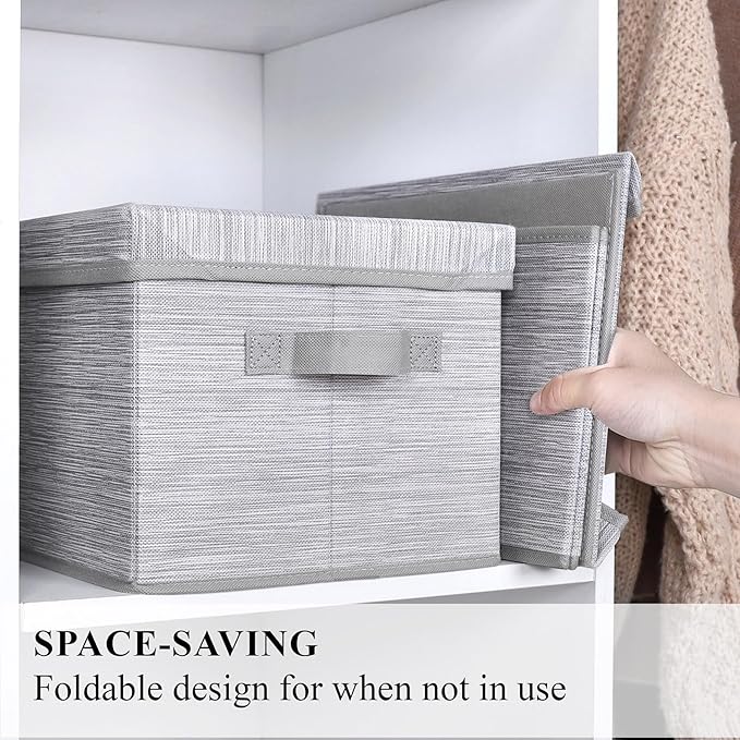 WUIKE Storage Bins with Lids Collapsible Stackable Storage Bins with Handles Clothing Storage Containers for Closet Fabric Shelf Baskets Large Light Gray/Slub Gray 3-Pack