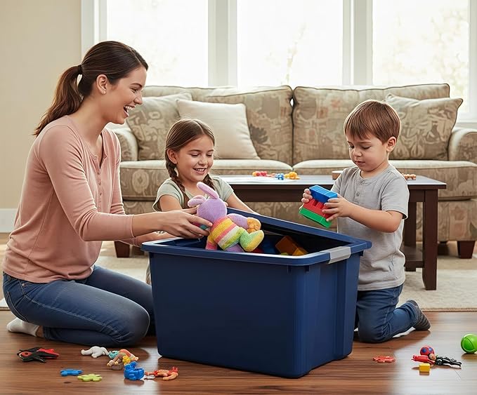 34-Gallon Heavy-Duty Storage Box with Lid - Large Plastic Container Suitable for Garage Outdoor Home and Storage Needs Blue