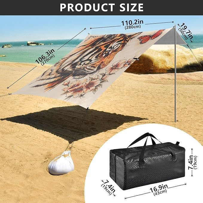 ALAZA Vintage Tiger with Butterfly Beach Tent Sun Shelter Portable Canopy Sunshade for Outdoor Camping Picnics Backyard Fun 10x9 ft