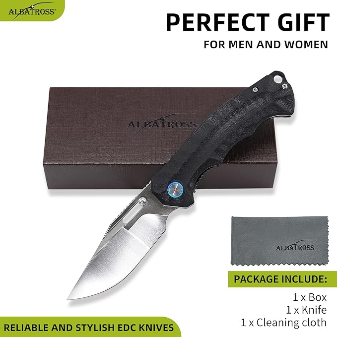 ALBATROSS Classic EDC Gift Satin Blade Ultra-Light Knife 2oz D2 Steel G10 Handle Liner Lock Thumb Hole Ergonomic Gift Box for Valentine‘s Day Birthday