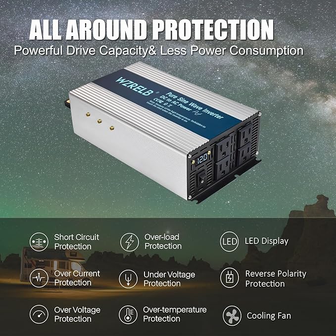 WZRELB 2000W Pure Sine Wave Inverter 48V DC to 110V 120V AC Power Converter with LED Display Off-Grid Portable Power Inverter with 4 AC Outlets for Home RV Truck Camping