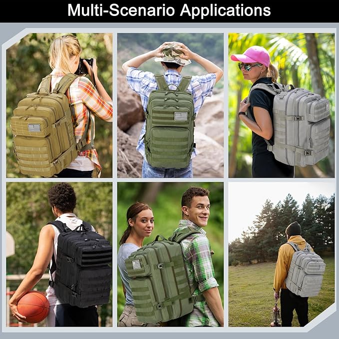 Tactical Backpack 45L Army Military Rucksack Water Resistant MOLLE Pack Large 3 Day Bug Out Bag for Men &amp Women Durable Outdoor Gear for Hiking Camping Hunting Travel (Grey)