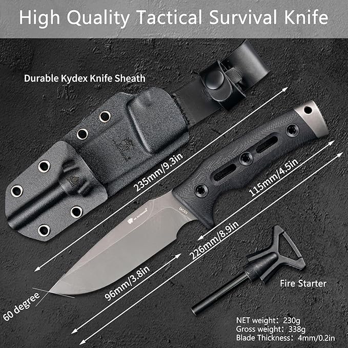 HX OUTDOORS Fixed Blade Knife with Fire Starter Premium DC53 Steel Full Tang Tactical Knives for Men Bushcraft Survival Camping Knife with Kydex Sheath for EDC Outdoor (Gray)