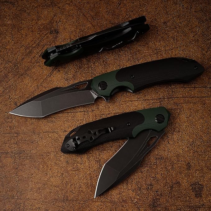 D2 Steel Folding Knife - 9CM Black Tactical Blade G10 Handle Pocket Clip - EDC Camping Survival Hunting - 60-61HRC Vacuum Heat Treated Stonewash Finish