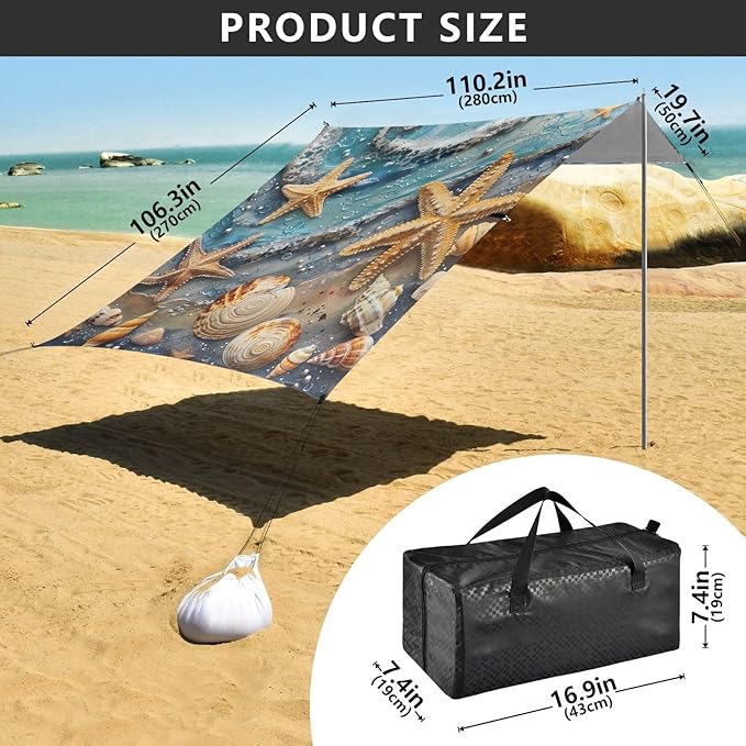 ALAZA Starfish and Seashell Sea Beach Tent Sun Shelter Portable Canopy Sunshade for Outdoor Camping Picnics Backyard Fun 10x9 ft