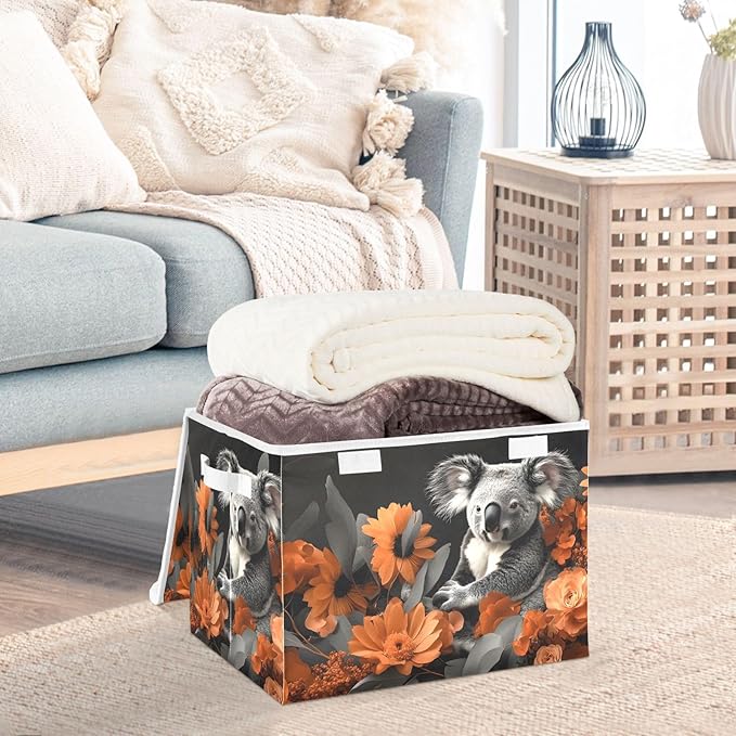 Storage Cube with Lid Koala with Floral Print 16.5×12.6×11.8 IN Collapsible Large Capacity Foldable Storage Basket Bin Organizer