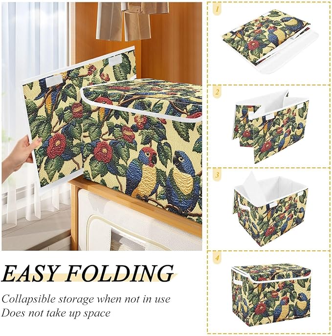 Storage Cube with Lid Fabric Parrots Print 16.5×12.6×11.8 IN 1 Pack Collapsible Large Capacity Foldable Storage Basket Bin Organizer