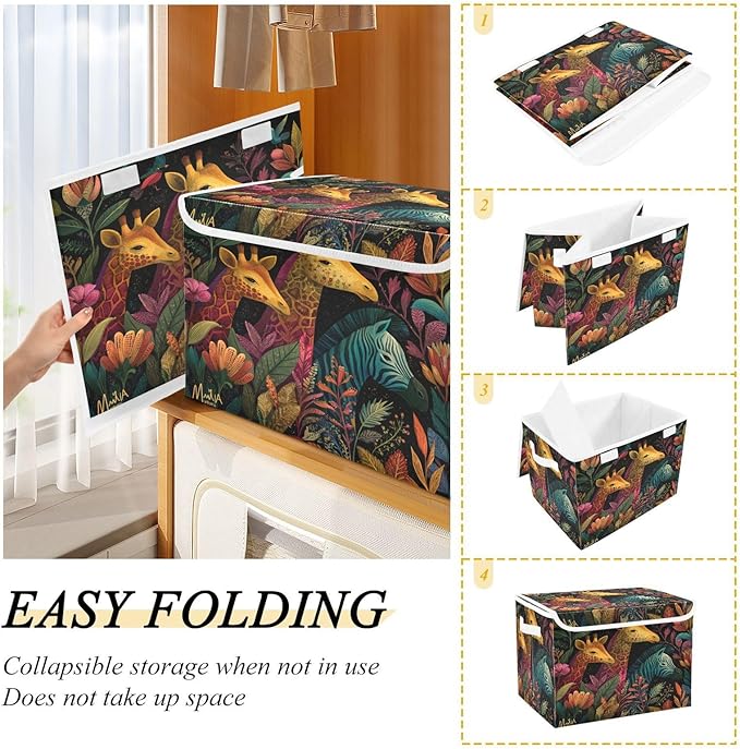Fantasy Jungle Giraffes Zebra Black Collapsible Storage Bins with Lids Decorative Fabric Cubes Closet Organizer Basket Boxes Containers for Clothes Box Chest Folding Rectangl