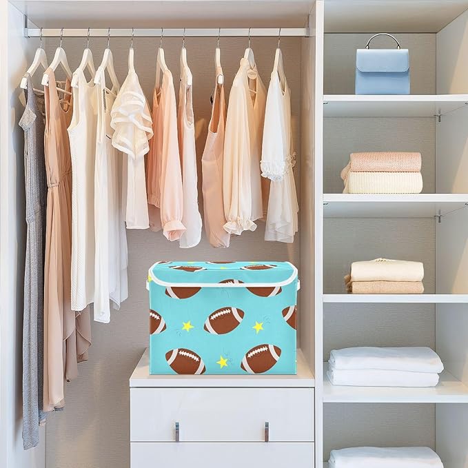 susiyo Large Foldable Storage Bin with Flip-Top Lid Rugby Balls Storage Box Collapsible Closet Organizer Containers Boxes Decorative Baskets with Handles for Home Bedroom Living Room Office
