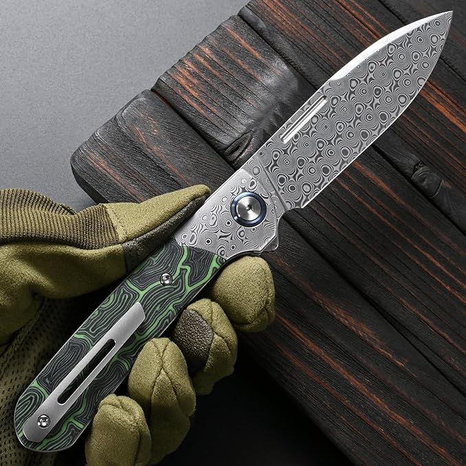 Sitivien ST256 Damascus Steel Folding KnifeDamascus Blade with Colorful G10 Handle EDC Knife for Outdoor CampingHiking Fishing(Green) … …