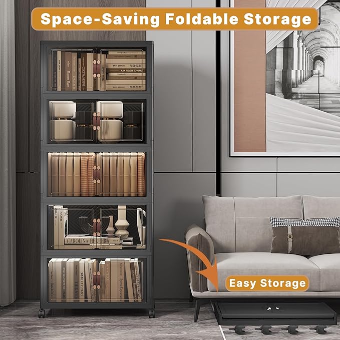 UAMFURI Extra Large Stackable Storage Bins with Lids &amp Wheels Foldable Collapsible Closet Organizers Dark Storage Cabinet with Doors for Bedroom Dorm