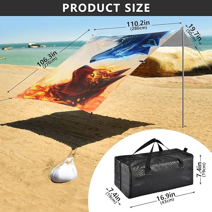 ALAZA Fire &amp Ice Wolf Beach Tent Sun Shelter UPF50+ Protection Beach Shade Canopy w/ 4 Sandbags for Outdoor Camping Fishing Backyard Fun Picnic 10x9 ft
