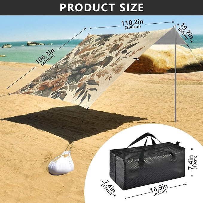 Vintage Botanical Retro Flowers Beach Tent Sun Shelter Set UPF50+ UV Protection 10.5 x 9.19 FT Camping Shade Canopy with Sandbags Sand Anchors Carrying Bag and Others