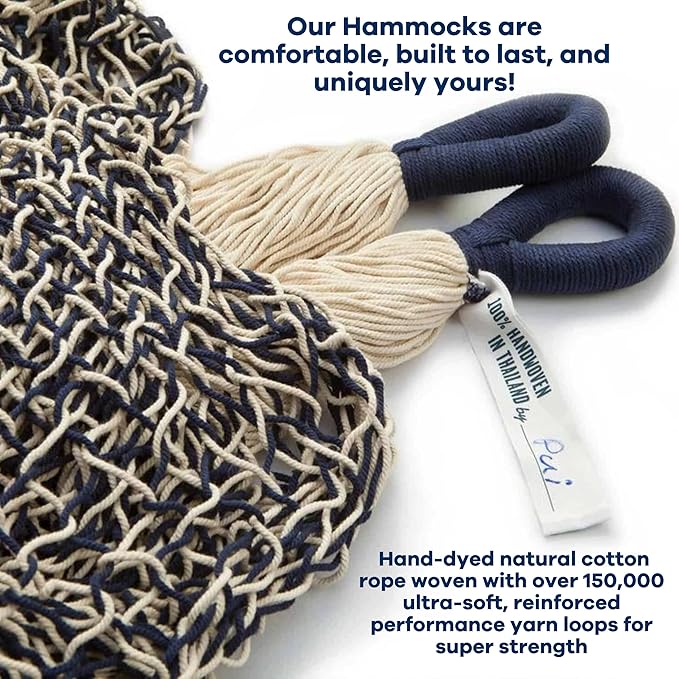 Handwoven Cotton Rope Hammock by Yellow Leaf Hammocks - Double Size Fits 1-2 PPL 400lb max - 100% Natural Cotton Easy to Hang Artisan Made - Color: Navy Blue - Off White
