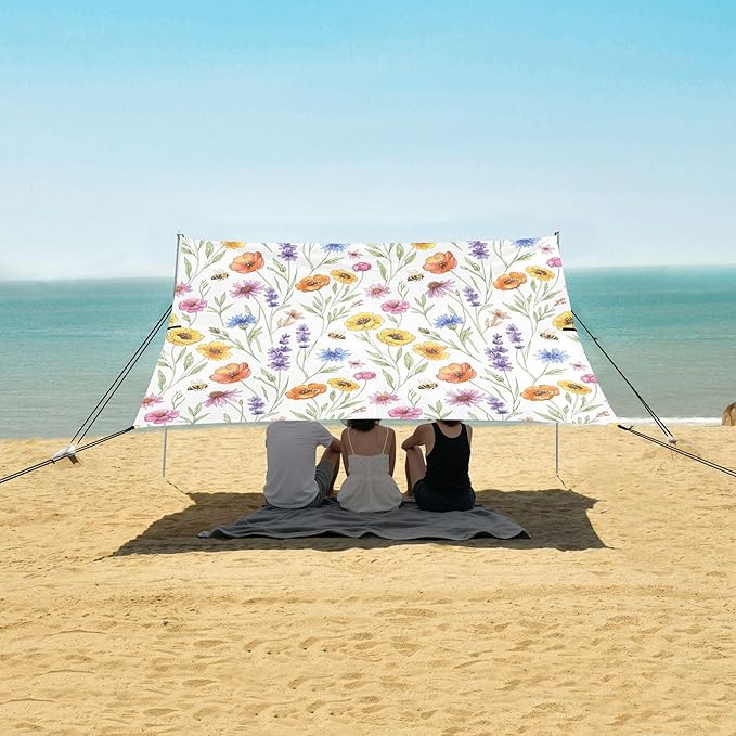 Wildflowers Beach Canopy Sun Shelter with Sandbags &amp Sand Shovel &amp Windproof Ropes - Portable 110x126 Beach Shade Beach Tent for Camping Picnics